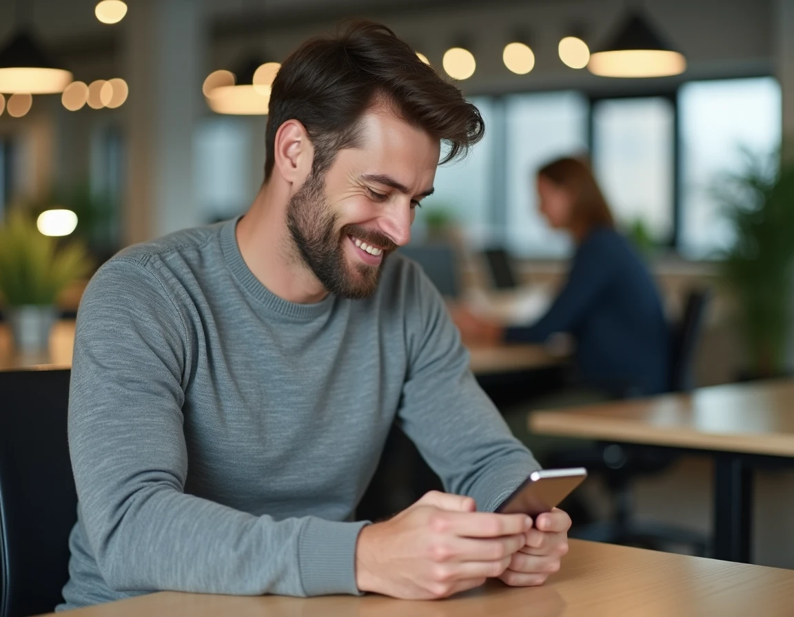 Homme souriant discrètement à son téléphone au bureau, cachant ses sentiments amoureux
