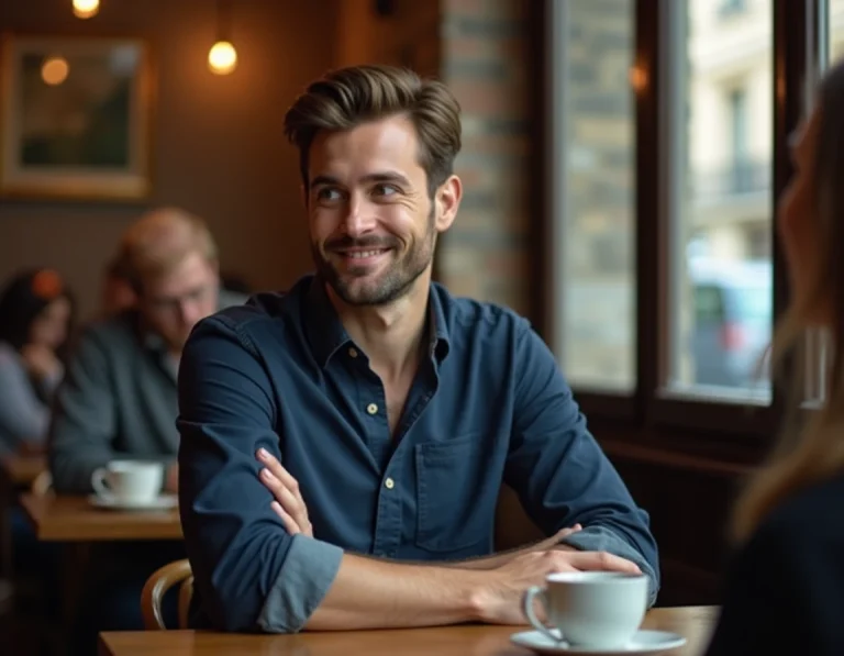 Homme amoureux en secret volant un regard discret vers une femme dans un café parisien