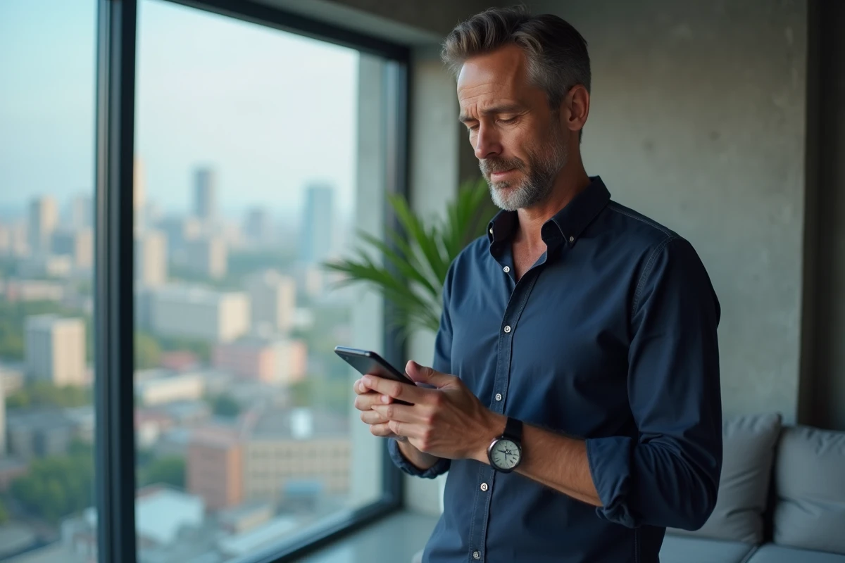 Homme consultant son application de banque mobile sur smartphone dans un appartement moderne avec vue sur la ville