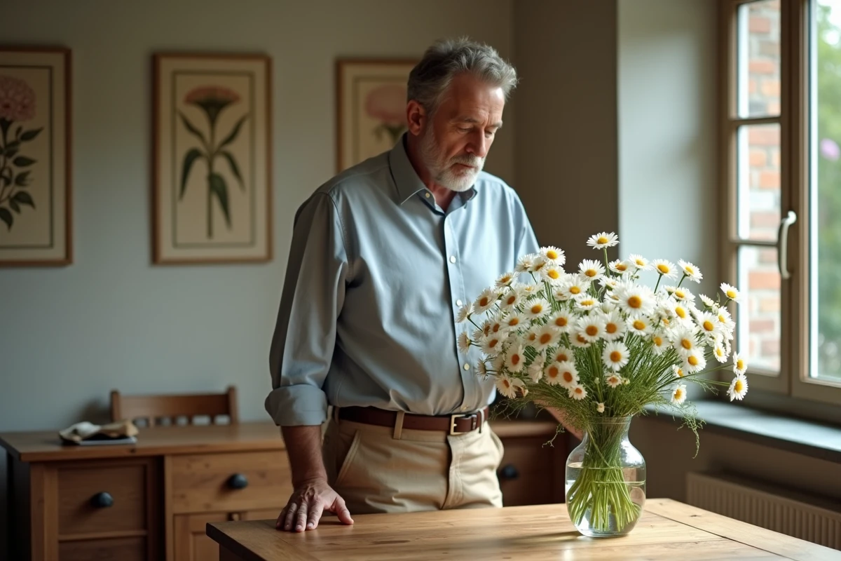 Homme arrangeant un bouquet de marguerites en intérieur