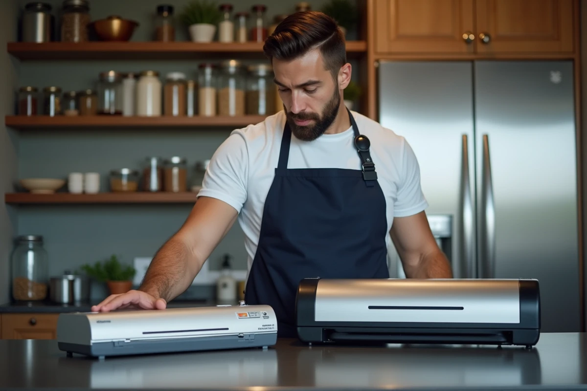 Homme en tablier comparant deux modèles de machines sous vide côte à côte dans une cuisine professionnelle équipée