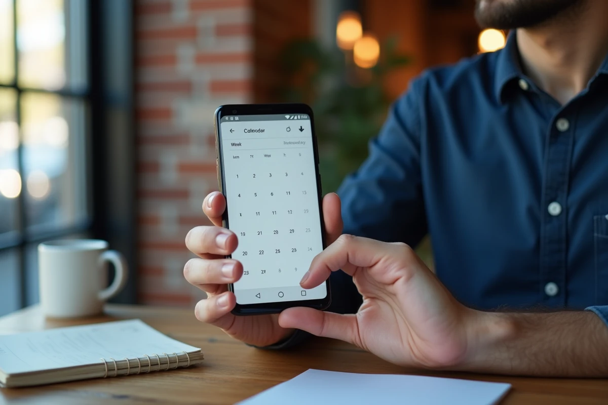 Homme utilisant Google Agenda sur smartphone dans un café pour afficher les numéros de semaine