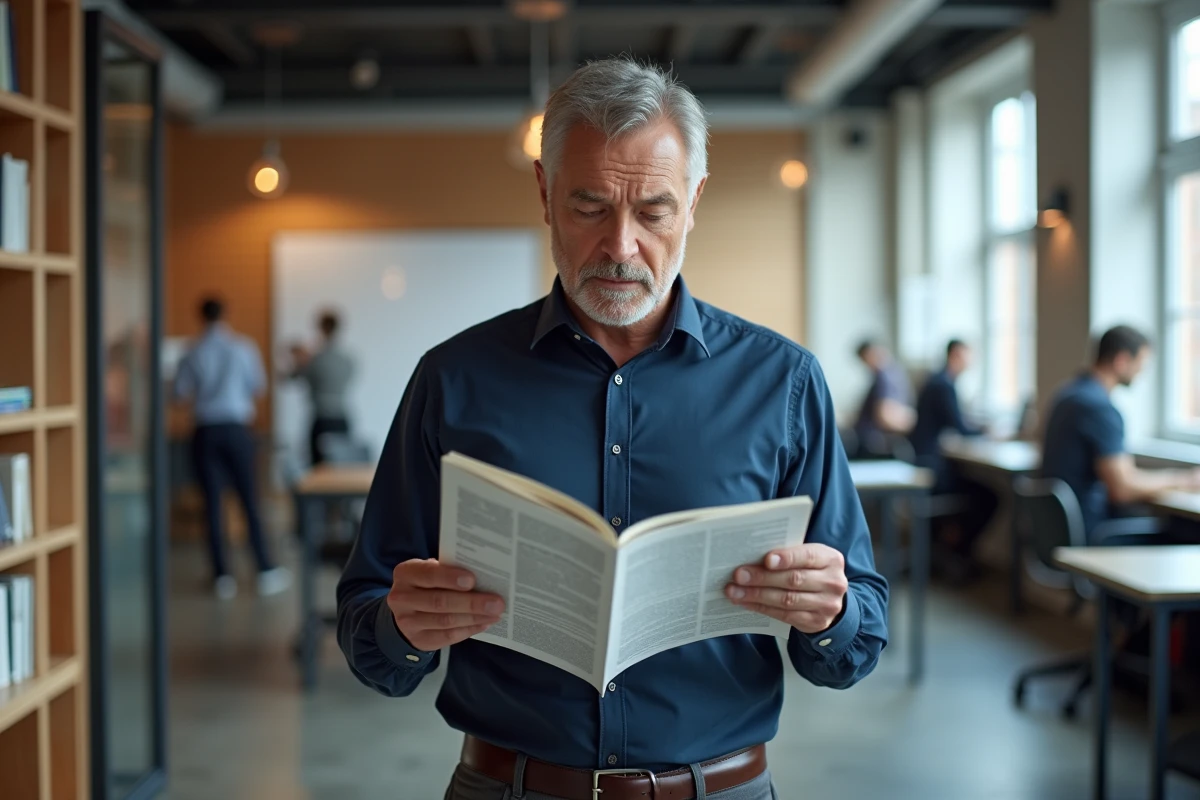 Homme lisant les actualités d'un magazine dans un espace de coworking animé