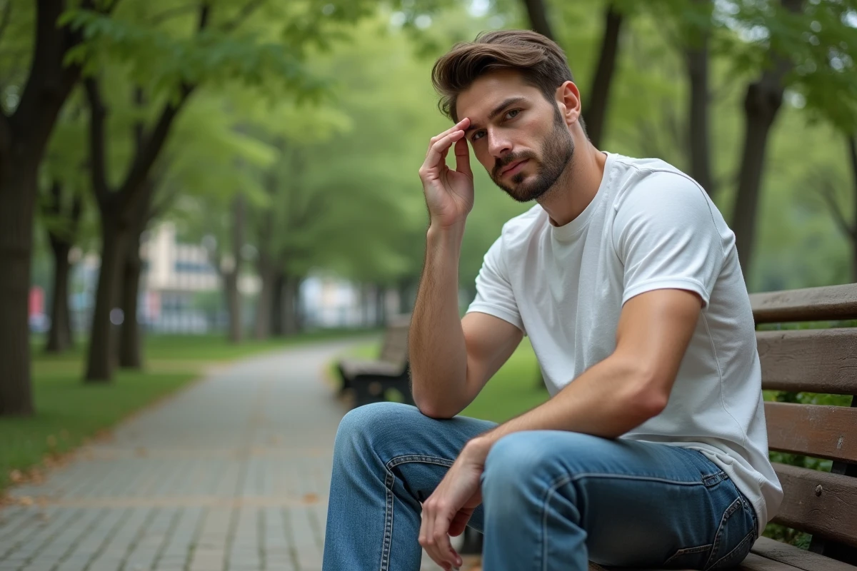 Homme appliquant une creme dans un parc urbain