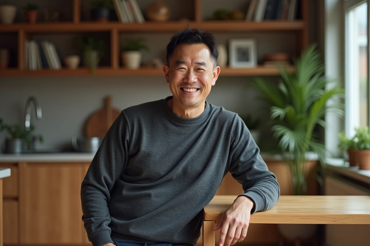 Homme asiatique souriant dans un intérieur chaleureux