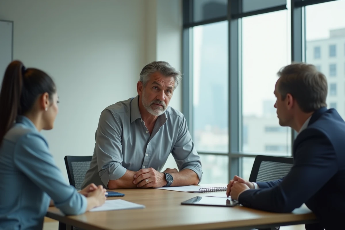 Homme en réunion avec collègues dans une salle moderne