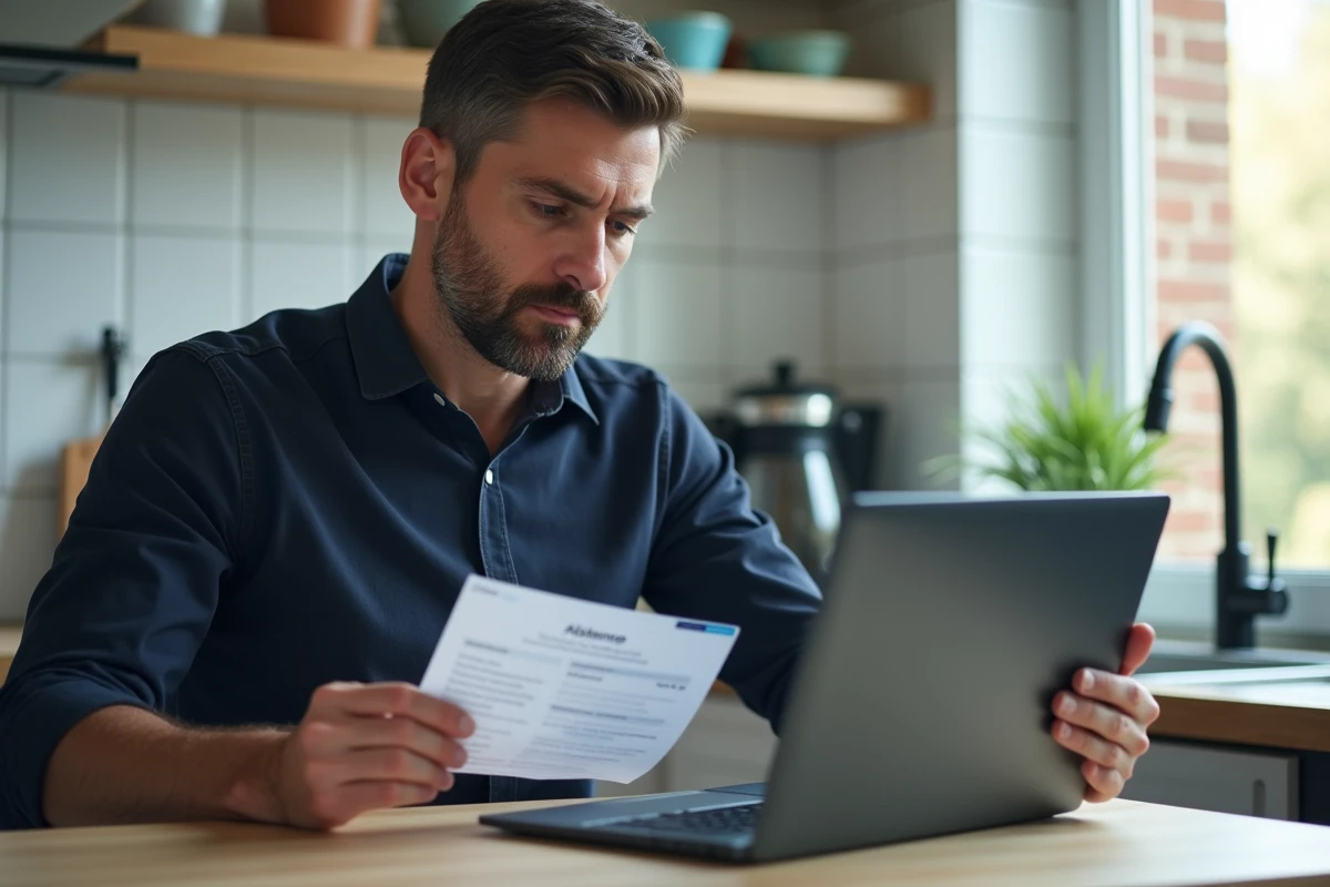 Homme modifiant son RIB sur ordinateur portable avec un document bancaire en main, gestion de compte Free Mobile