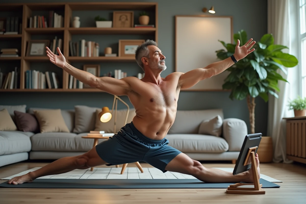 Homme en yoga dans un espace de bureau cosy