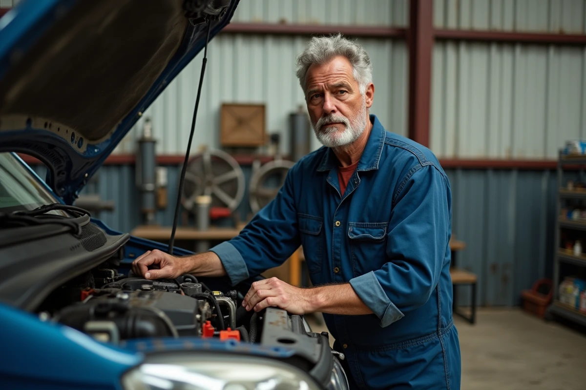 Mécanicien inspectant le moteur d'un utilitaire d'occasion dans un garage indépendant