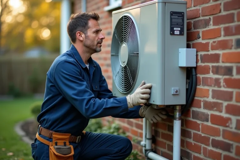 Technicien HVAC installant une pompe à chaleur air eau sur la façade extérieure d'une maison résidentielle