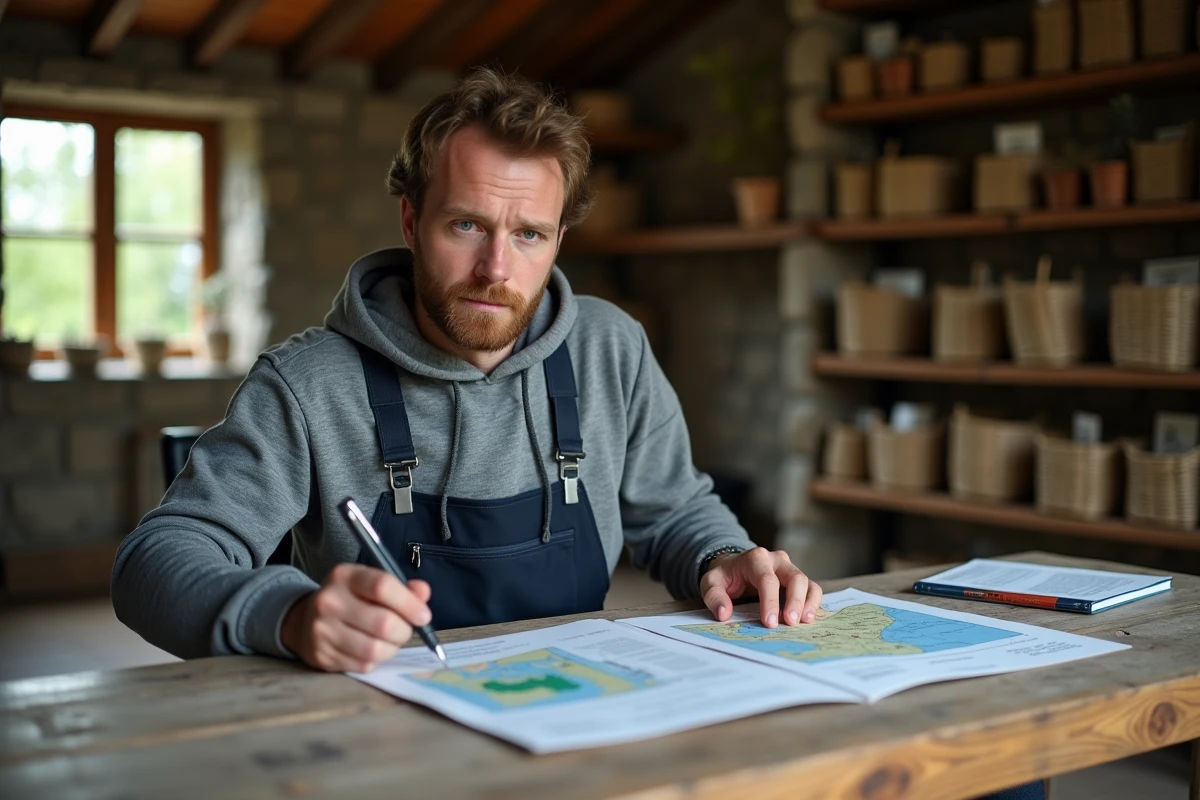 Jeune agriculteur consultant des documents officiels sur l'installation PPAM dans un bureau coopératif rural, illustrant les démarches administratives liées à la surface minimum d'exploitation