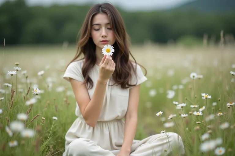 Jeune femme en robe légère tenant une marguerite dans un champ