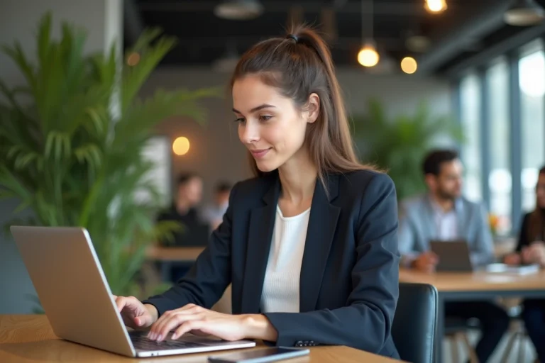 Jeune femme professionnelle travaillant sur son ordinateur dans un espace coworking