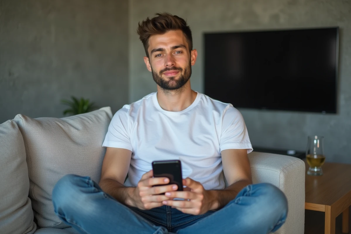 Jeune homme utilisant l'application Free Mobile sur son téléphone pour changer la date de prélèvement depuis son canapé