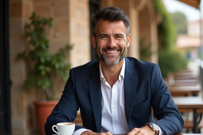 Homme élégant assis en terrasse de café méditerranéen, évoquant l'univers romantique de Jorge Lorenzo