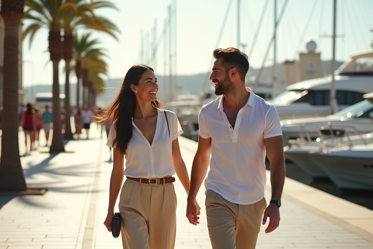 Couple amoureux se promenant sur une promenade de marina européenne, illustration de la vie de couple de Jorge Lorenzo