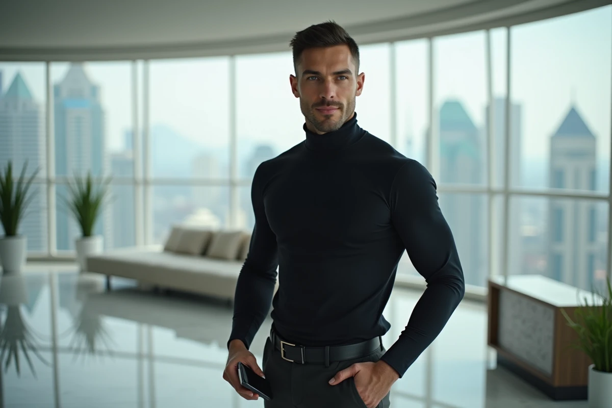 Homme sportif et élégant dans un intérieur moderne luxueux, style de vie de Jorge Lorenzo en dehors des circuits