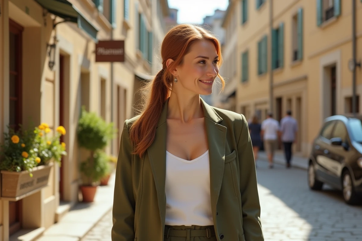 Femme élégante et souriante dans une rue pavée française, portrait lifestyle de Laurène Godey en ville