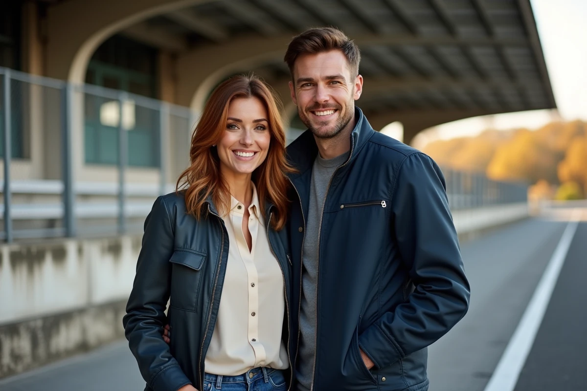 Couple complice près d'un circuit de course automobile historique, évoquant la relation entre Laurène Godey et Sébastien Loeb