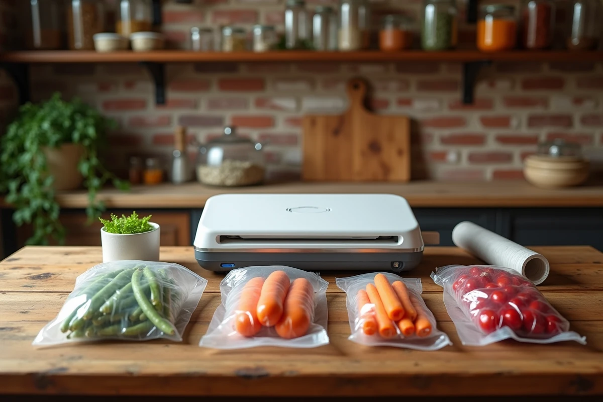 Machine sous vide posée sur une table en bois rustique entourée de sachets de légumes colorés prêts à être conservés