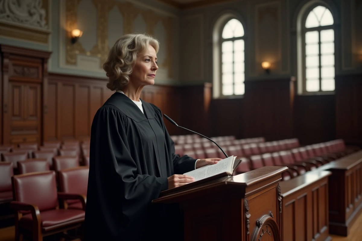 Magistrate en robe noire tenant un dossier juridique dans une salle d'audience française
