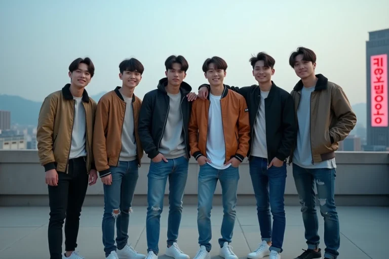 Groupe de sept jeunes hommes coréens en tenue streetwear posant ensemble sur un toit urbain de Séoul, évoquant les débuts d'un groupe K-pop