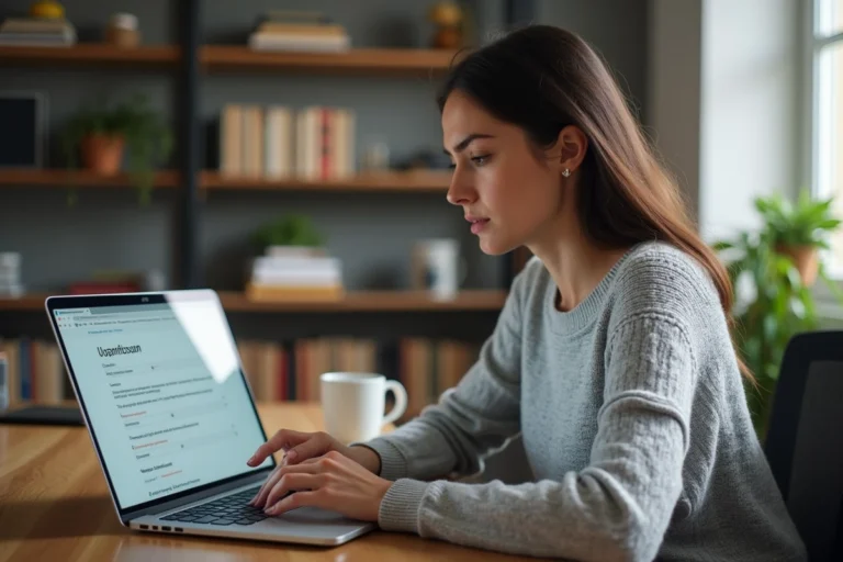 Femme utilisant un ordinateur portable pour modifier ses informations bancaires sur le portail France Travail