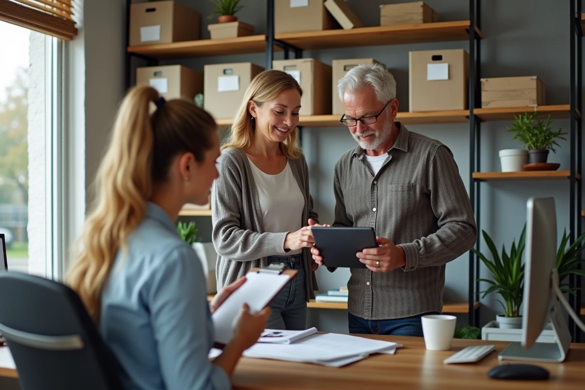 Un couple et une organisatrice professionnelle passent en revue des solutions de rangement innovantes dans un bureau à domicile bien organisé