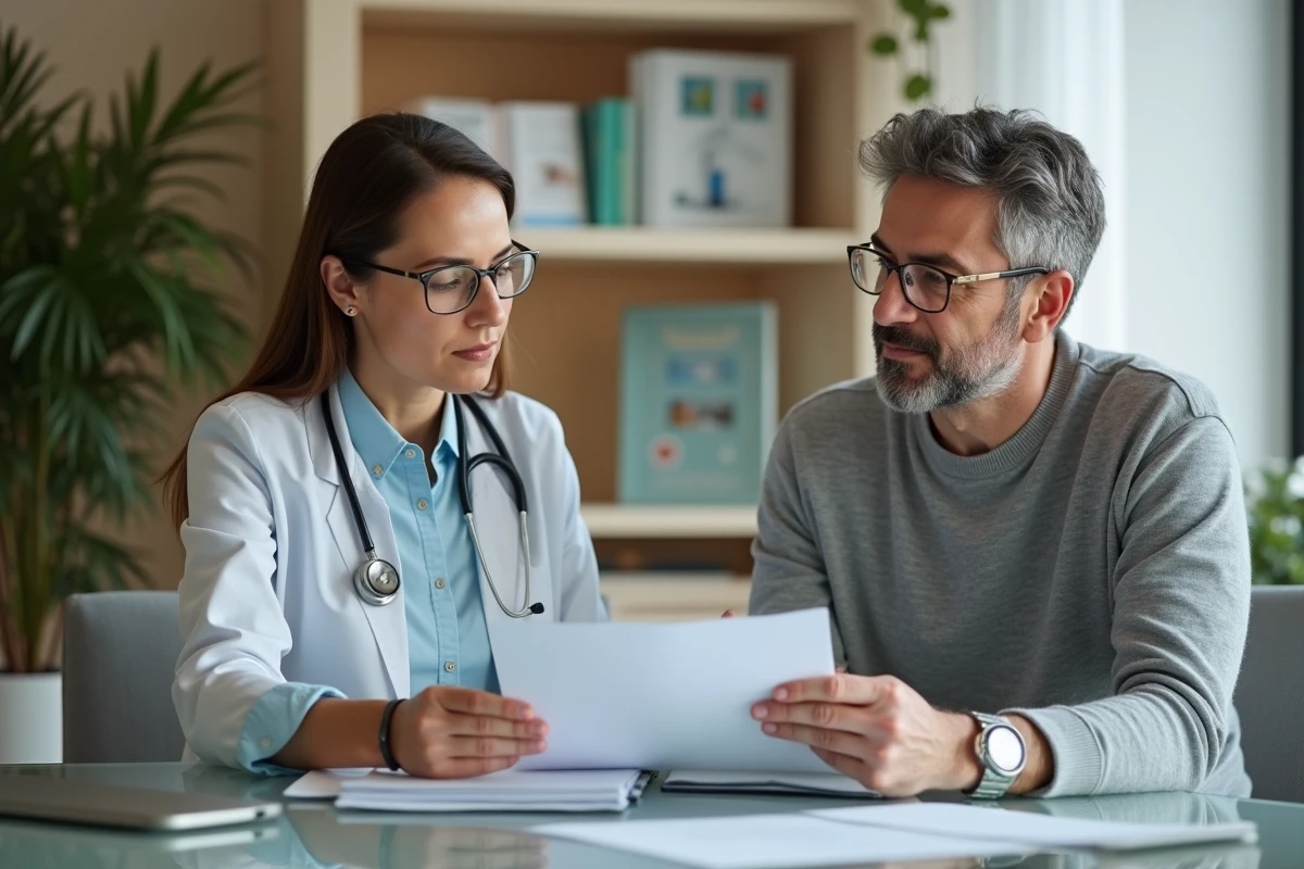 Patient et conseiller santé examinant ensemble des documents de mutuelle dans un cabinet médical professionnel