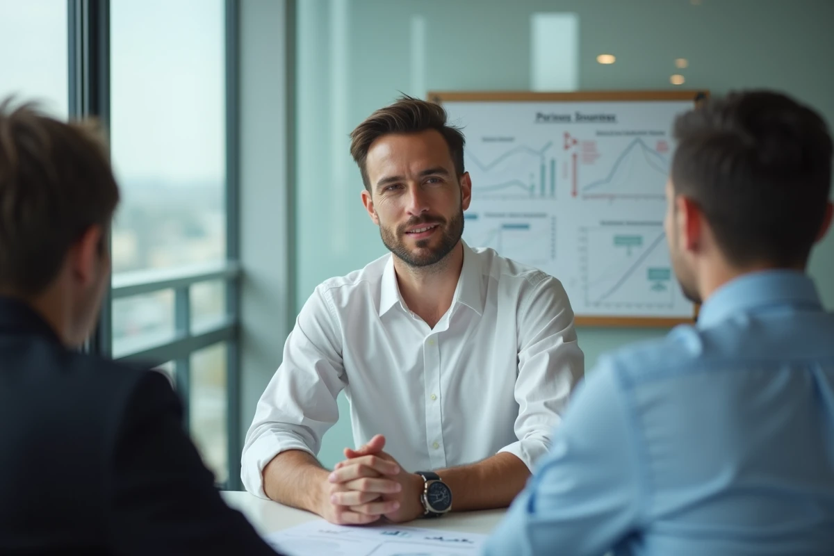 Jeune PDG de startup parisienne en réunion stratégique, incarnant le succès entrepreneurial et la fortune associés au fondateur de Finary