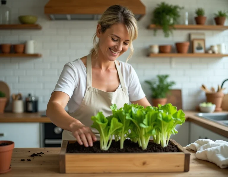 Femme transplantant des jeunes plants de laitue dans un bac en bois sur un plan de travail de cuisine maison