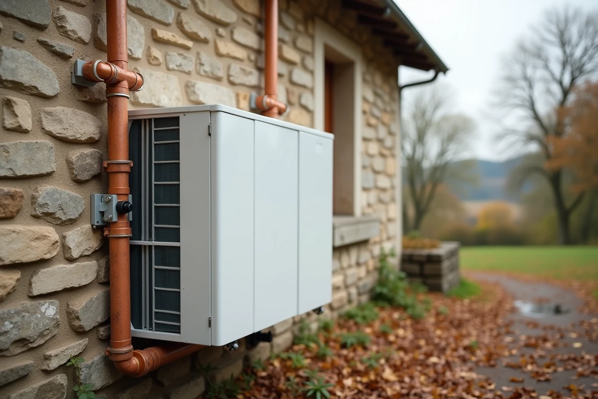 Pompe à chaleur air eau installée sur le mur en pierre d'une ferme rurale française avec tuyauterie cuivre