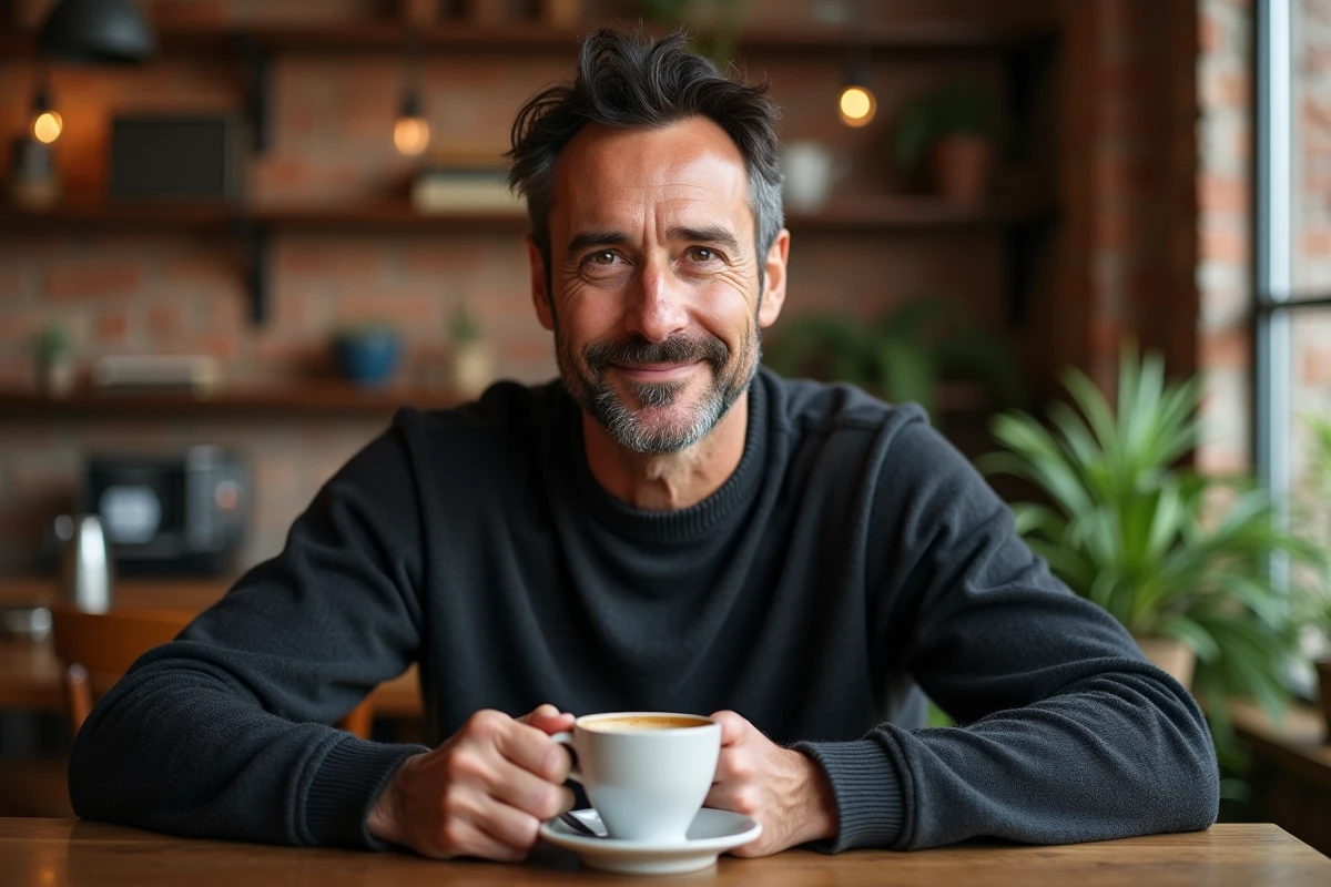 Portrait d'un homme discret et raffiné dans un café, évoquant la personnalité réservée de Tony McGill