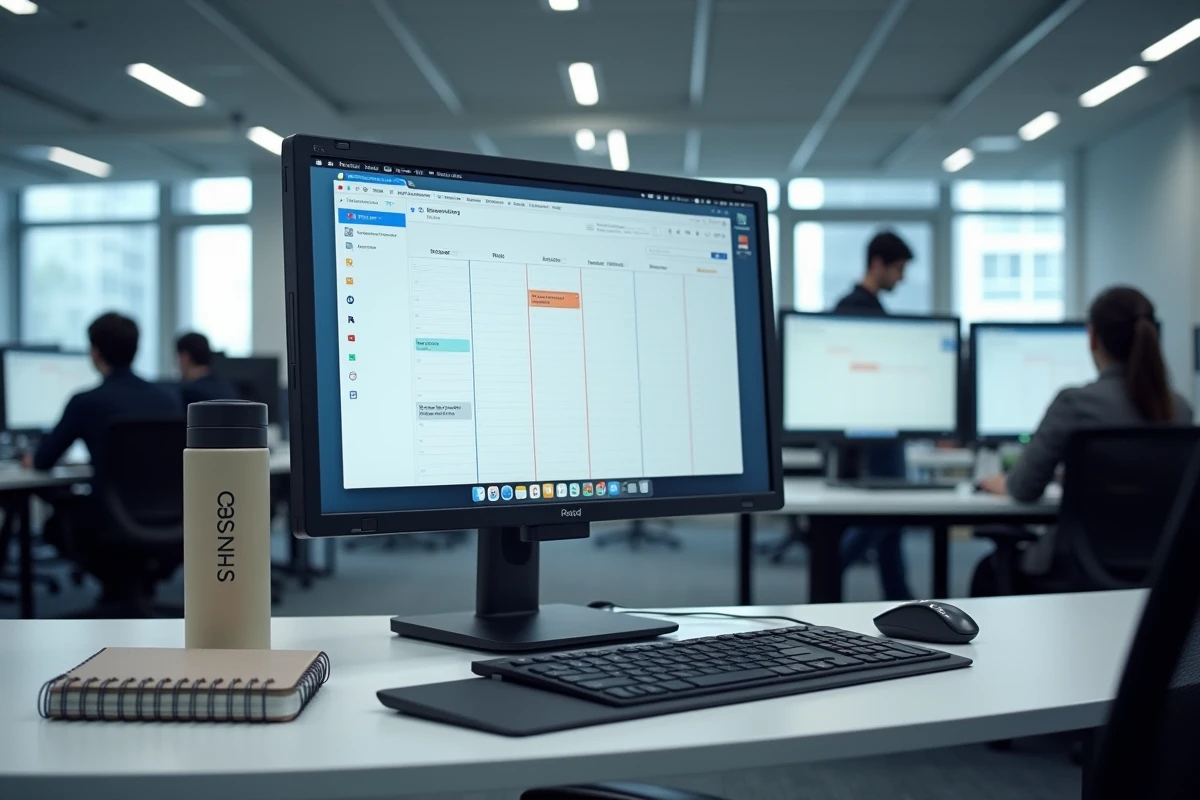 Poste de travail en open space avec Google Agenda affichant les numéros de semaine sur double écran