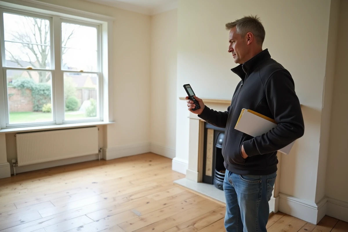 Professionnel mesurant une pièce vide lors de l'estimation immobilière gratuite d'une maison ancienne