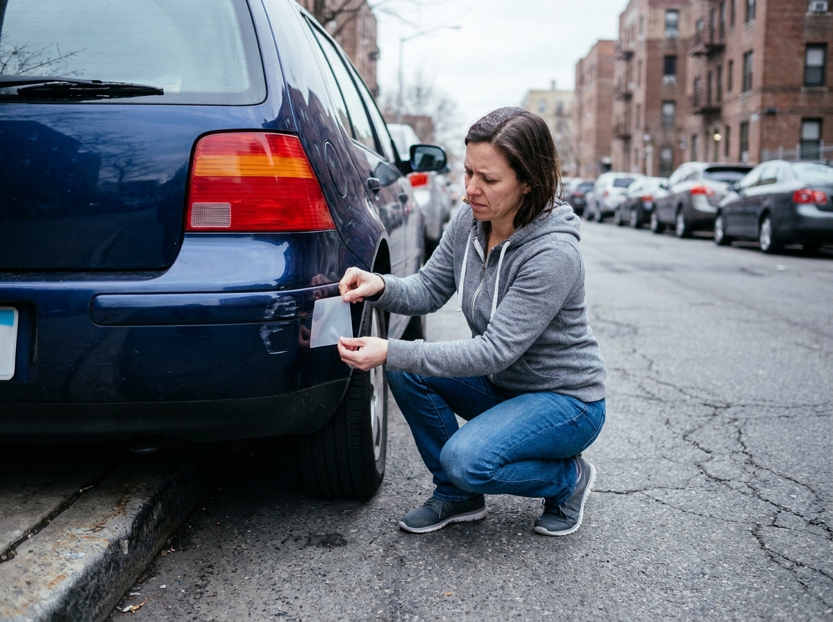Femme appliquant un film de protection transparent sur une zone de peinture endommagée sur un pare-chocs de voiture garée dans la rue