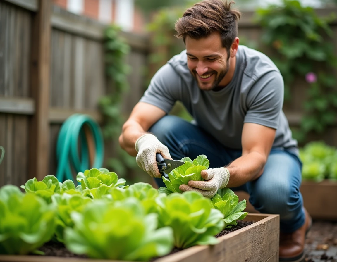 Homme en train de récolter des laitues beurre matures dans un potager surélevé de jardin urbain