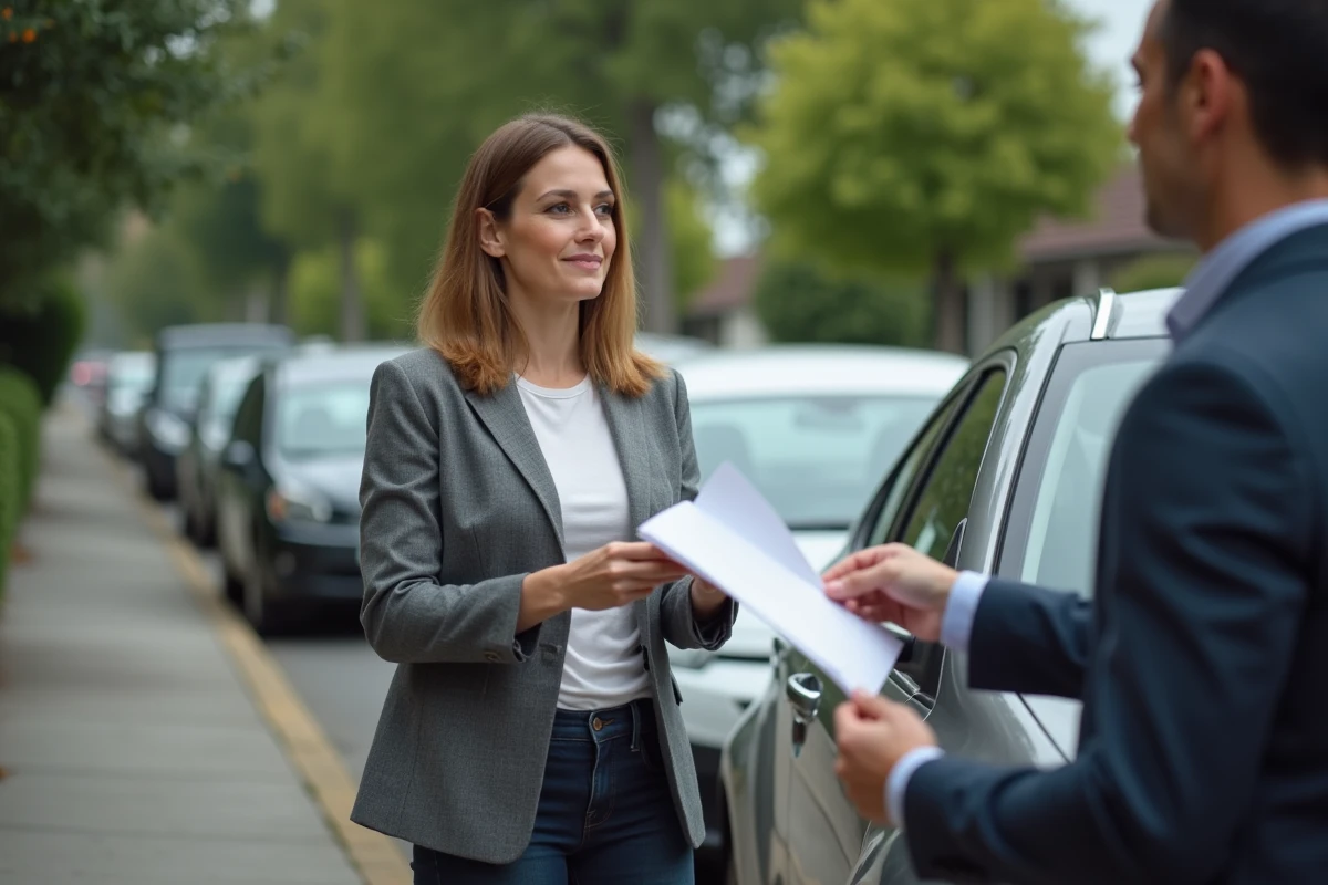 Femme remettant un certificat de cession lors de la vente d'une voiture d'occasion en extérieur