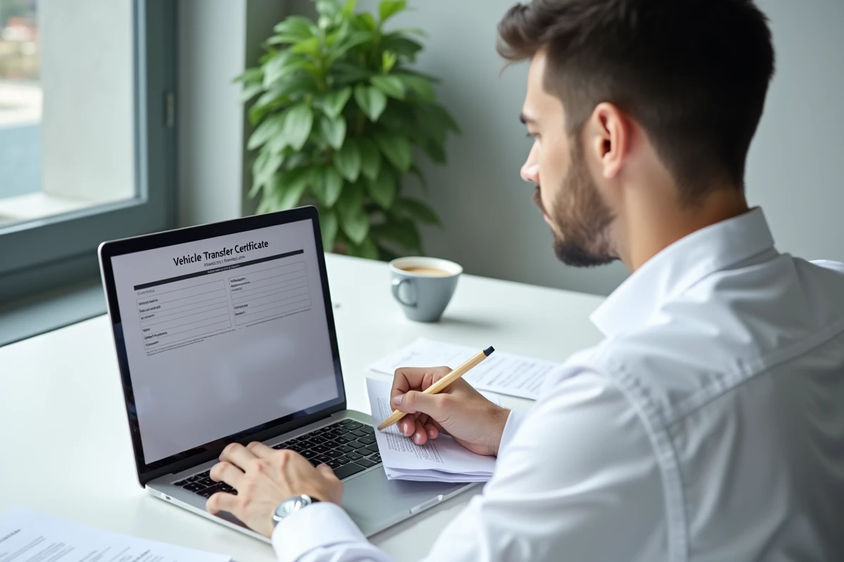 Personne remplissant un certificat de cession en ligne et en version papier sur un bureau moderne