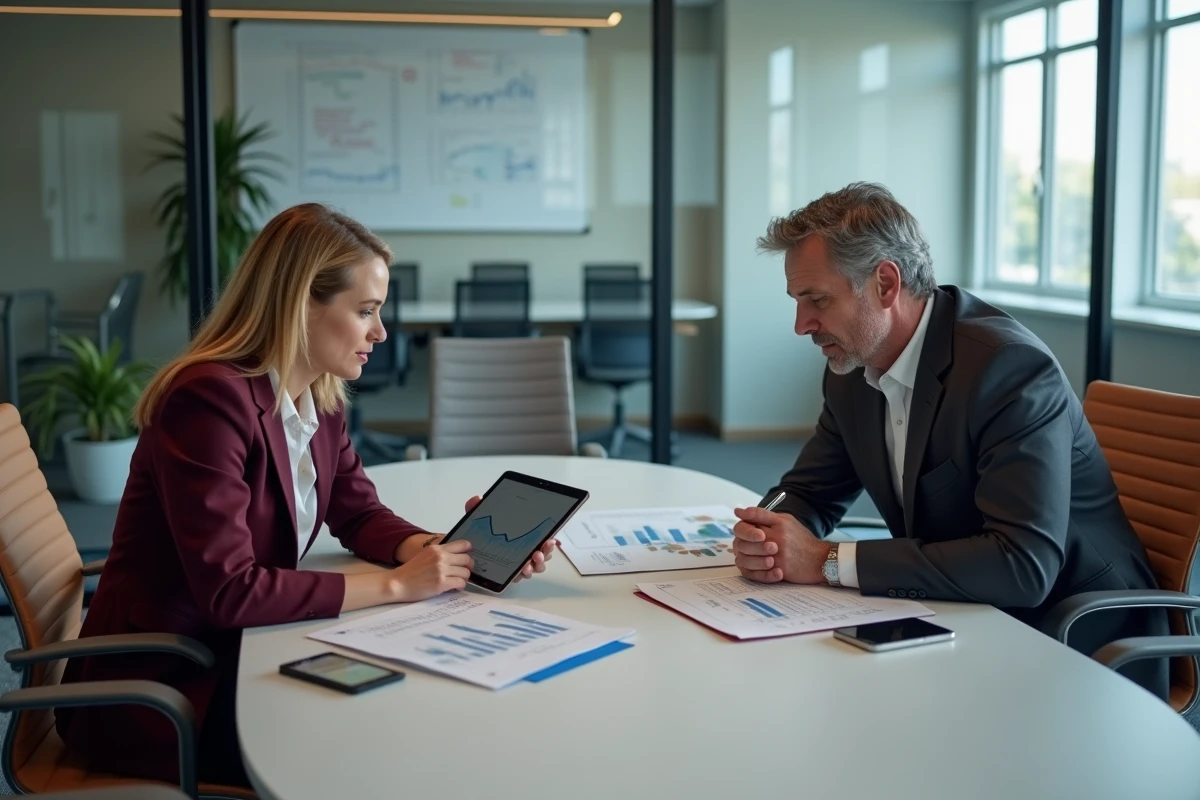 Deux professionnels financiers discutant de la gestion du risque client et des créances autour d'une table de réunion avec des rapports et une tablette