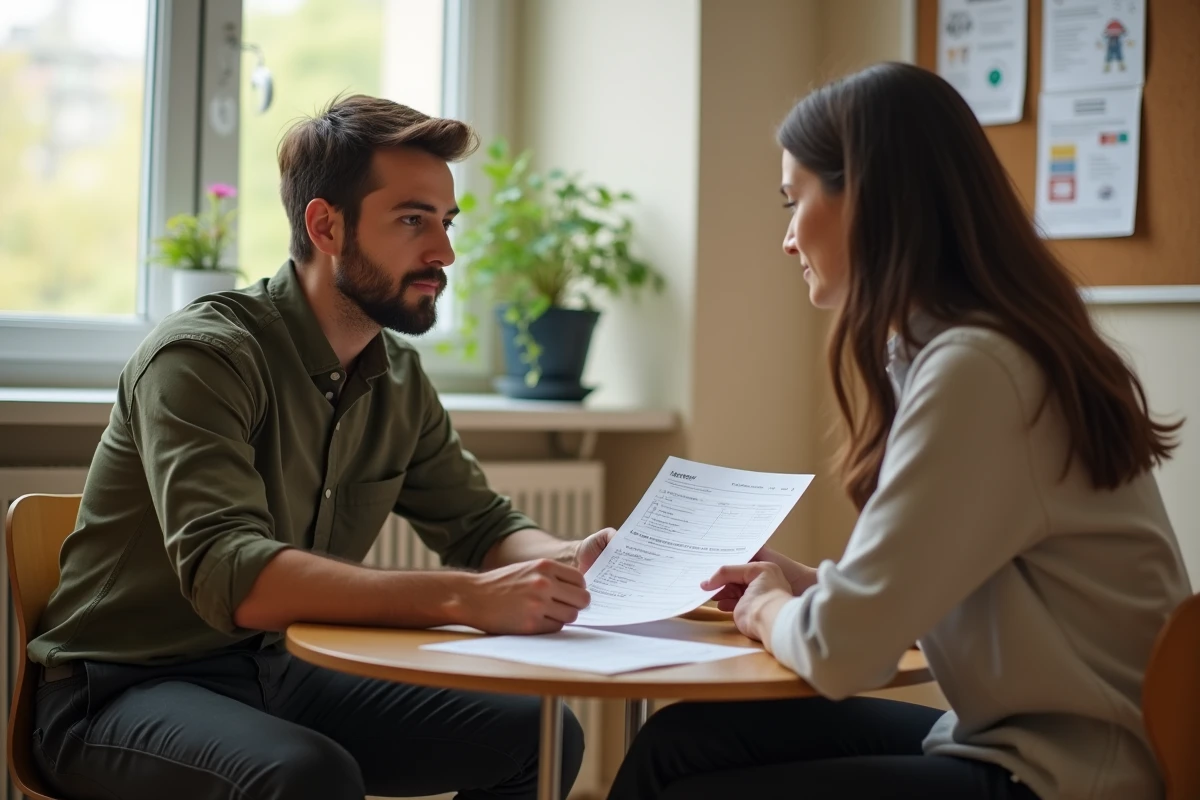 Psychologue scolaire et parent discutant du projet individualisé d'un élève en classe ULIS