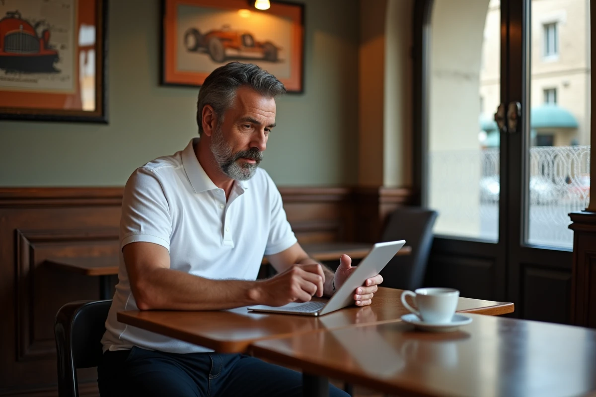 Portrait d'un homme sportif concentré dans un café français, illustrant le parcours professionnel de Sébastien Loeb