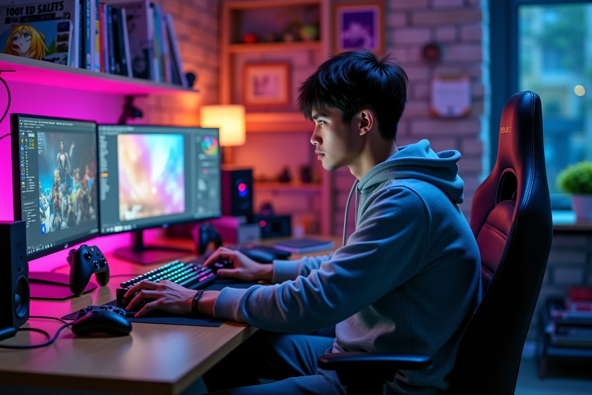 Passionné de gaming et de culture geek dans son bureau équipé d'un setup gaming avec figurines et mangas