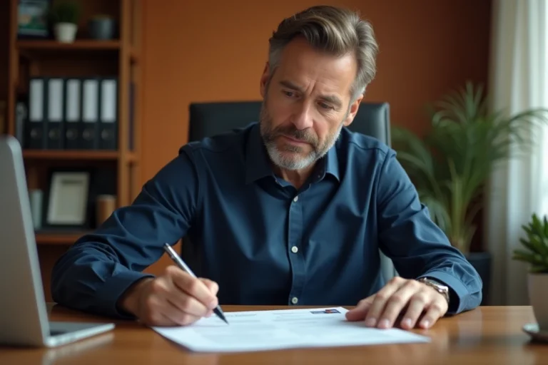 Homme signant un certificat de cession de véhicule à son bureau à domicile