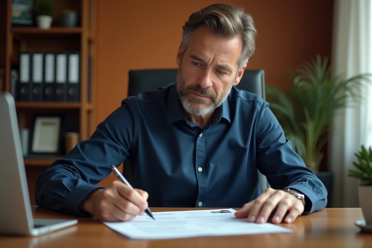 Homme signant un certificat de cession de véhicule à son bureau à domicile
