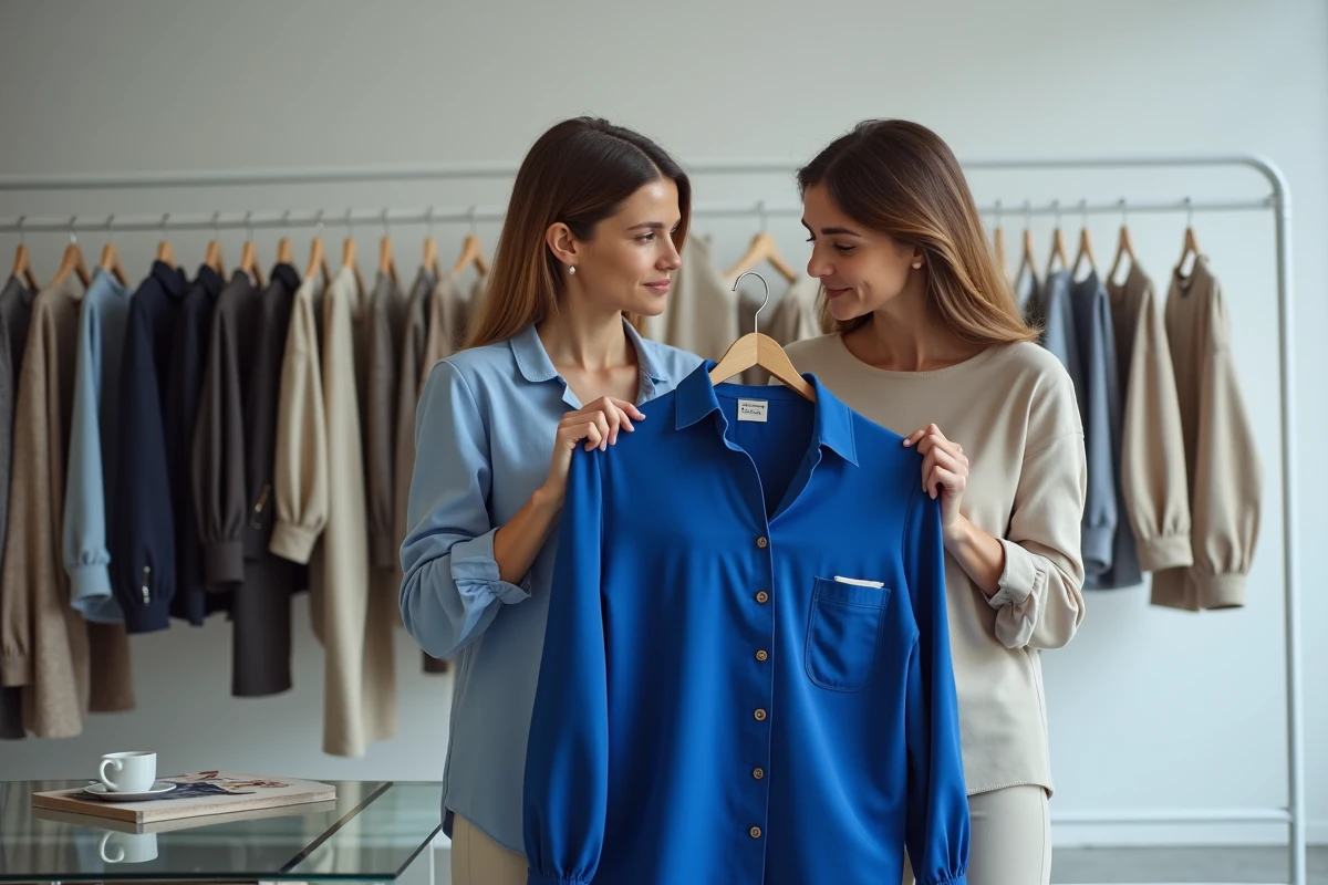 Deux femmes discutant d'un choix de vêtements dans un showroom de mode minimaliste à Paris