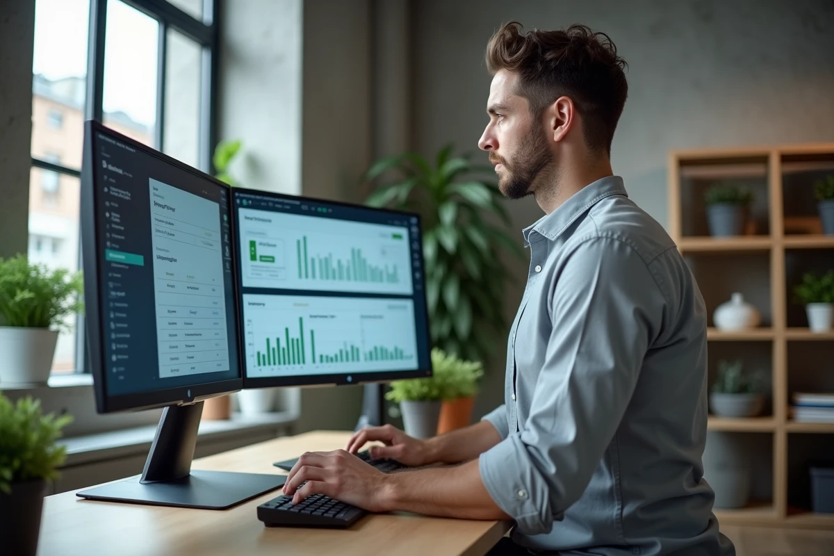 Homme d'affaires consultant un tableau de bord de gestion des créances clients sur double écran dans un bureau fintech