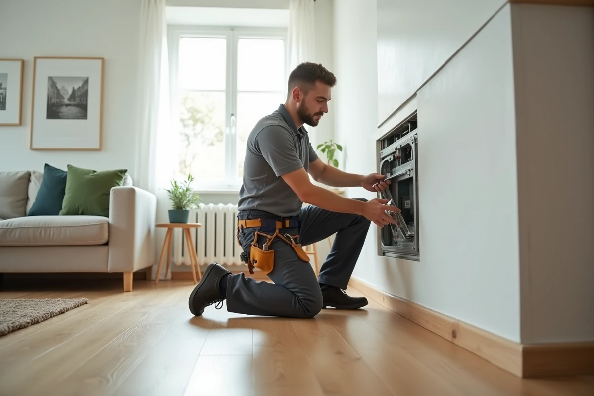 Technicien de maintenance inspect un système de ventilation dans un salon moderne au décor scandinave