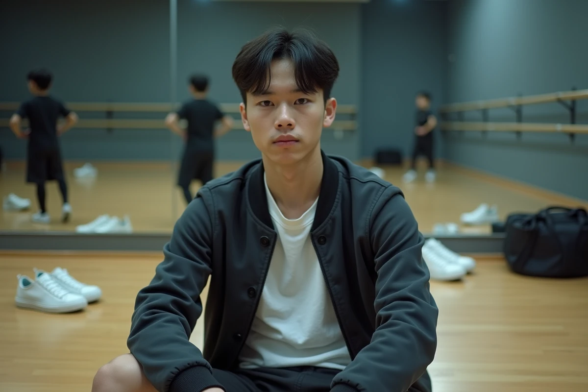 Jeune artiste coréen assis dans une salle de répétition de danse avec mur en miroir, représentant les débuts d'un trainee K-pop à l'adolescence