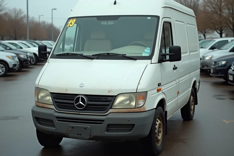 Utilitaire d'occasion blanc en vente dans un parc automobile avec étiquette de prix visible sur le pare-brise